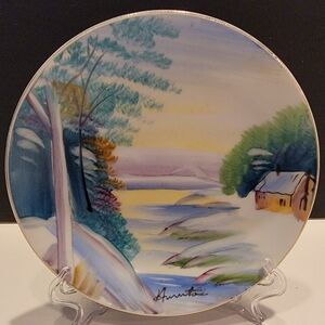 Vintage Postwar Japan Scenic Handpainted China Display 5" Plate Signed 1950s